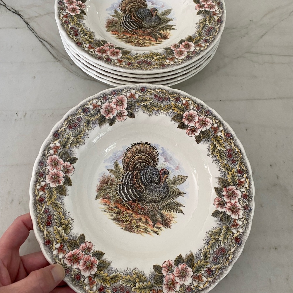 Thanksgiving Churchill 6 rimmed soup bowls 8.75” multicolor